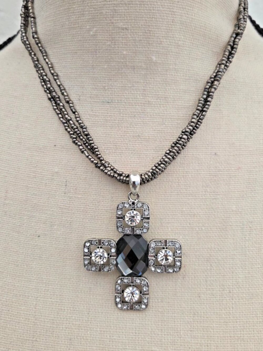 Chunky Cross Necklace Short Statement Pendant Black Stone Rhinestone Choker